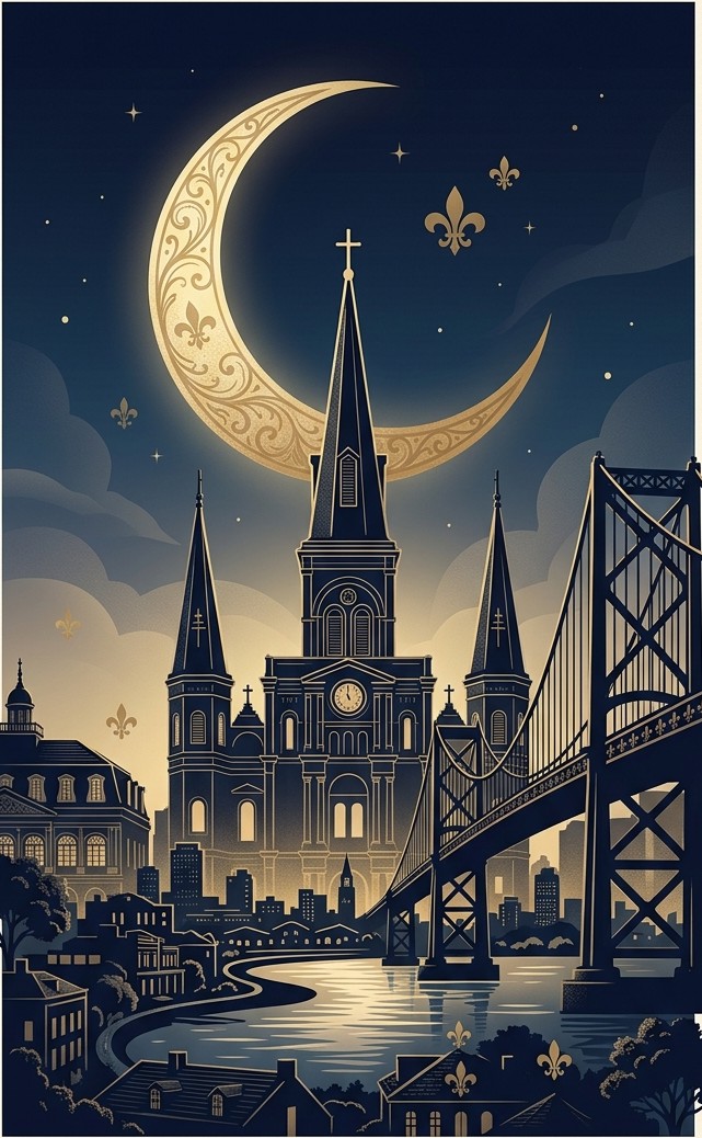 Illustrated New Orleans skyline at night with a golden crescent moon, St. Louis Cathedral, and the Crescent City Connection bridge
